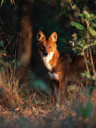 A dhole looks alert in a forest clearing, illuminated by warm sunlight, displaying its vibrant fur as it observes its environment with keen interest.の素材