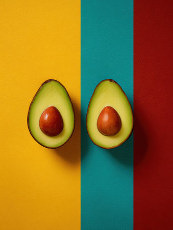 Mirrored avocado halves are skillfully arranged on a colorful background of yellow, turquoise, and red, showing their unique texture and shape.の素材