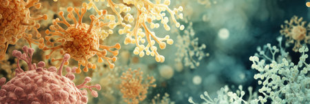 Colorful conceptual art shows an overtaxed immune system, illustrating the struggle of defense mechanisms in gentle hues.の素材