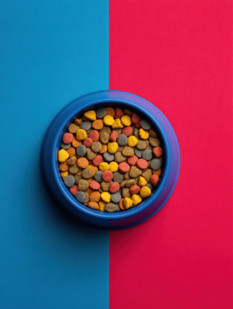 Brightly colored bowl filled with assorted pet treats placed on a bold background, perfect for attracting pet owners looking for quality snacks.の素材