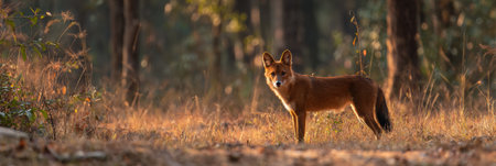 A dhole is alert in a sunlit forest clearing, reflecting the warmth of the morning sun and the tranquility of its lush habitat surrounded by trees.の素材