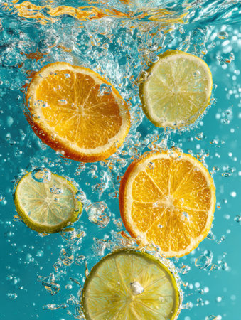 Bright citrus slices drift in a splash of water, evoking a refreshing and airy mood suitable for summer-themed projects and vibrant messages.の素材