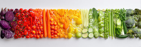A vibrant display of fruits and vegetables forms a seamless rainbow gradient, showcasing colors from deep purple on the left to bright green on the right.の素材