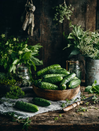 Fresh cucumbers are artfully displayed in a wooden bowl, surrounded by vibrant herbs in a rustic kitchen full of natural textures and colors.の素材