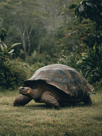 A Galapagos tortoise is seen walking on soft green grass with a backdrop of misty jungle foliage, capturing the serene atmosphere of its environment.の素材