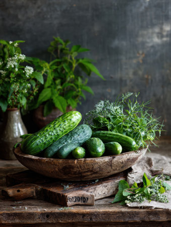 Crisp cucumbers and fragrant herbs are thoughtfully arranged in a rustic kitchen, evoking a sense of freshness and culinary creativity.の素材