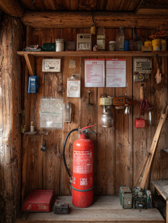 Interior of a forest cabin showcasing important safety elements like a fire extinguisher, radio, and light mounted on wooden wallsの素材