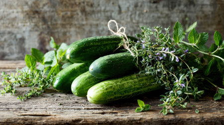 Fresh cucumbers and vibrant herbs arranged on a rustic wooden surface, showing natural beauty and inviting a healthy culinary experience.の素材