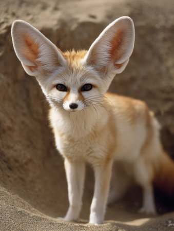 A fennec fox stands in a sandy environment with large ears perked forward, showing its distinctive features under bright sunlight.の素材
