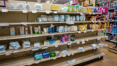 Various face masks and sanitizing wipes are organized on shelves, showing essential health supplies available for purchase.の素材