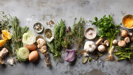 A detailed setup showcases an array of fresh herbs, vegetables, and spices laid out for meal preparation, creating an inspiring cooking atmosphere.の素材