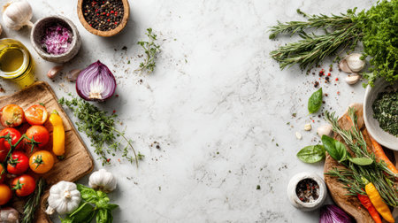 Colorful veggies and fresh herbs are neatly arranged on a marble countertop, highlighting healthy cooking in a bright kitchen.の素材