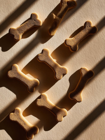 Dog bone treats are elegantly arranged on a light surface, basking in natural sunlight. The play of shadows adds a touch of warmth to the scene.の素材