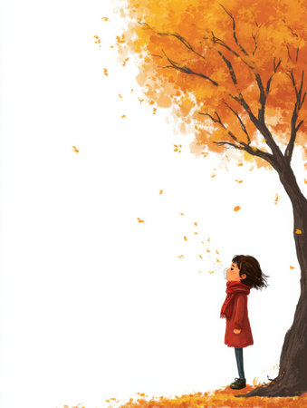 A young girl wearing a red scarf sneezes joyfully under a vibrant autumn tree while colorful leaves swirl around her in the gentle breeze.の素材