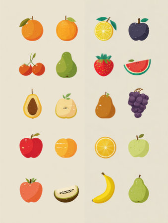 Collection of vibrant fruit icons displayed in a structured manner over a soft, neutral background, creating a cheerful and playful appearance.の素材