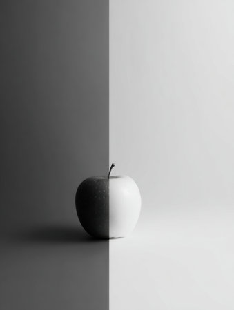 A vibrant apple stands out in a grayscale environment, highlighting minimalism and contrast while the right side remains open and empty.の素材