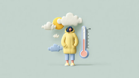 Person dressed in a yellow coat stands under weather icons and a thermometer against a soft pastel background, indicating temperature variations.の素材