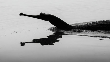 Gharial swims gracefully through a river, its elongated snout creating a striking silhouette while the water reflects the serene environment at twilight.の素材
