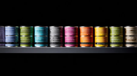 Explore the vibrant array of canned pet food on a sleek dark shelf, showing off their colorful packaging.の素材