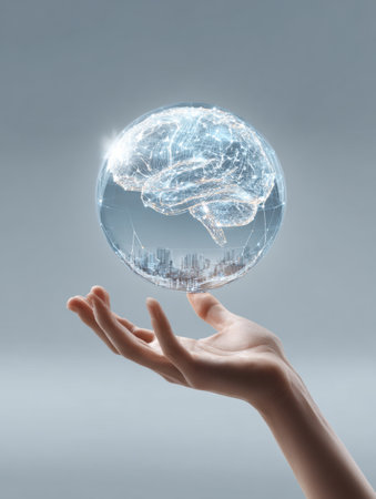 A human hand firmly holds a transparent brain sphere that symbolizes advanced technology and innovation against a modern urban skyline.の素材