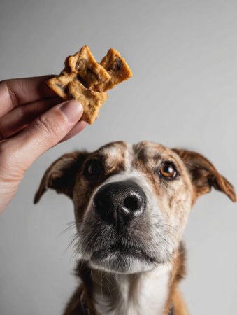 A hand holds freeze-dried treats above a dogs head, capturing the dogの素材