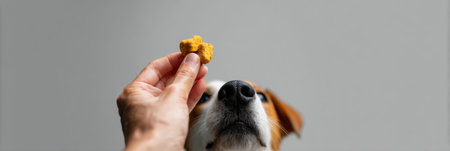 A hand holds a freeze-dried treat above a dogs head, capturing the dogs keen anticipation in a light and airy space, emphasizing the special moment.の素材