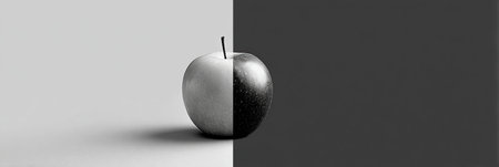 A bright apple pops against a grayscale background, showing minimalist design and creating bold visual contrast.の素材