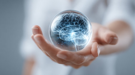 A human hand holds a transparent sphere that features a glowing brain design, illustrating advanced technology and innovation.の素材