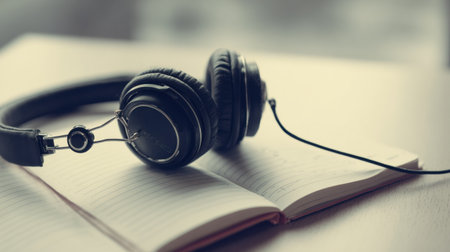 Headphones are placed on an open notebook, illustrating a moment of contemplation and focus in a serene environment, inviting the listener to engage.の素材