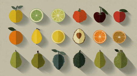 This graphic features an array of vibrant fruit icons displayed in a clean and organized pattern against a neutral background, ideal for design projects.の素材