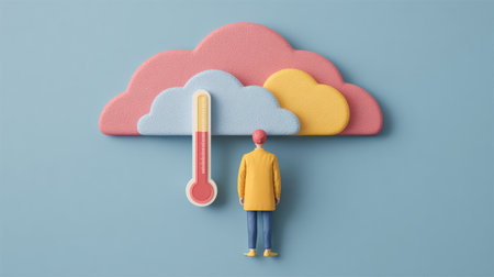 Colorful illustration features a figure under a weather icon showing temperature, set against a soothing pastel backdrop, conveying seasonal weather changes.の素材
