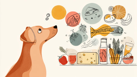 A dog appears curious, evaluating various natural food options on the left side, considering its next meal and healthy dietary choices.の素材