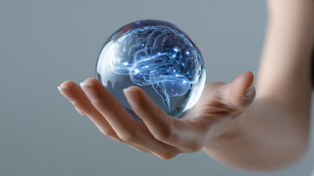 A hand holds a glowing brain in a transparent sphere, representing advanced technology and creativity in a modern setting.の素材