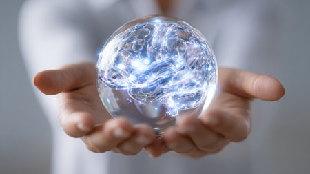 A human hand grips a futuristic glass sphere that features intricate designs resembling a brain, symbolizing advanced technology and innovation.の素材