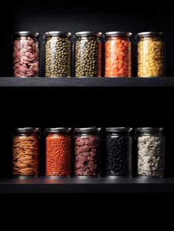 Canned pet food is prominently displayed on a dark shelf, emphasizing the vibrant colors and varied textures of the jars, creating a striking visual impact.の素材