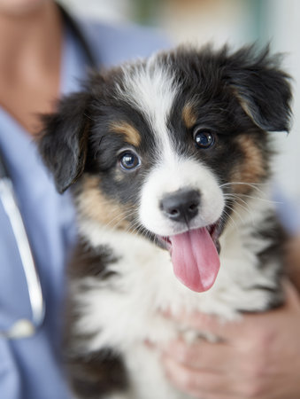 A joyful puppy playfully licks the face of a veterinarian during a checkup, showcasing a cheerful atmosphere in a bright, open space.の素材