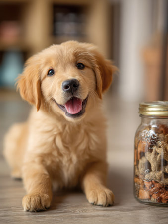 Joyful puppy sits on the floor beside a jar of treats, looking cheerful and playful in a softly lit environment that enhances the mood.の素材