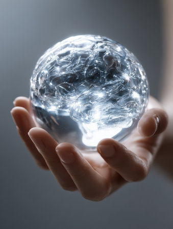 A hand holds a glowing glass sphere resembling a brain, featuring intricate light patterns that highlight advanced creativity.の素材