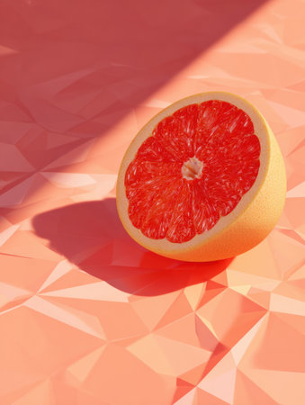 Bright grapefruit displayed on a geometric surface with soft shadows, emphasizing its vibrant color and texture under natural lighting conditions.の素材