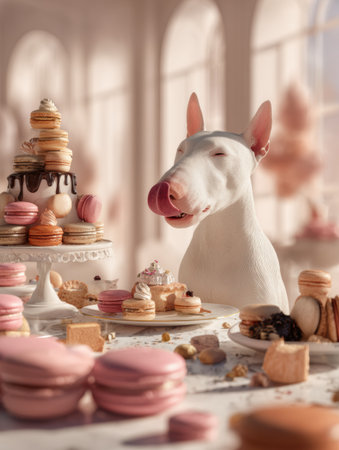 A joyful dog eagerly licks its lips, surrounded by an exquisite array of gourmet desserts, in a spacious and bright atmosphere, capturing a delightful moment.の素材