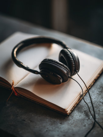 Headphones lay calmly on a blank notebook symbolizing a tranquil moment for listening and introspection amidst a minimalistic background.の素材