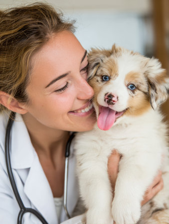 Puppy joyfully licking the vets face during a checkup in a bright clinic, showcasing the bond between pets and their caretakersの素材