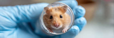 A small hamster inside a diagnostic tube is being observed by a veterinarian in a modern clinic, showing the importance of pet healthcare.の素材