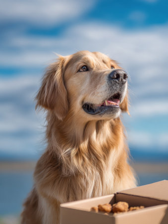 Golden retriever sits beside an open package of treats, looking excited against a backdrop of blue sky and soft clouds near a serene water body.の素材