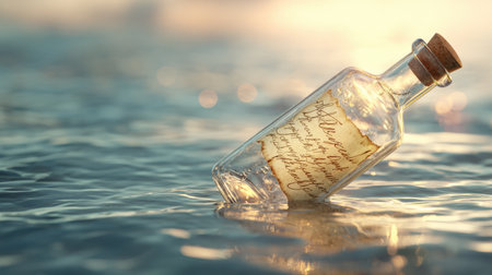 A floating glass bottle drifts on calm water, showcasing a hand-drawn message inside. Dreamy lighting creates a peaceful and reflective atmosphere.の素材