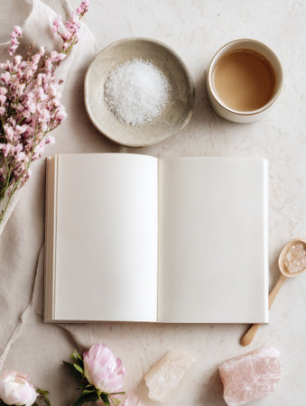 Open home remedy journal focuses on cold recovery with a calming aesthetic, featuring natural elements like salt, tea, and flowers enhancing health.の素材
