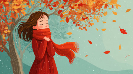 A girl wearing a red scarf sneezes while standing under an autumn tree with vibrant leaves blowing in the wind, capturing a moment of seasonal change.の素材