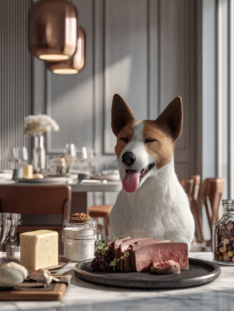 A joyful dog sits beside a beautifully arranged gourmet meal, licking its lips in an airy, sophisticated dining space filled with natural light.の素材