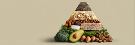 A detailed layout of a healthy food pyramid for pets, featuring layers of natural ingredients, emphasizing proper nutrition and pet health guidance.の素材