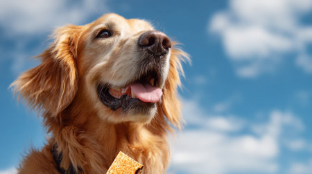 Golden retriever sits happily beside an open package of treats, basking in the sunshine while fluffy clouds drift across the vibrant blue skyの素材